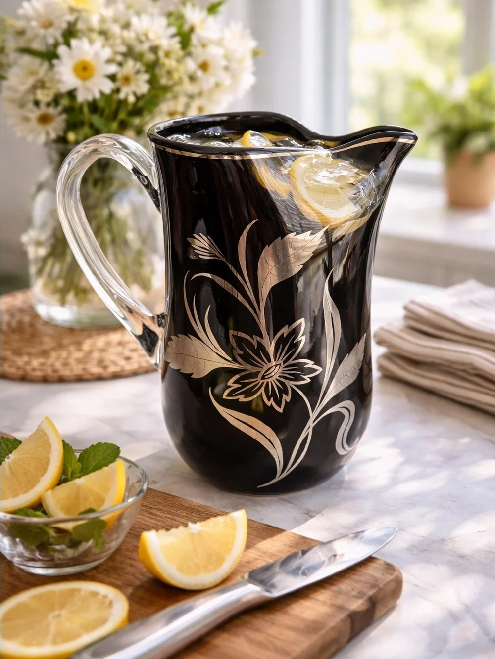 Black Glass Floral Pitcher Silver Etched Flowers Clear Handle Vintage
